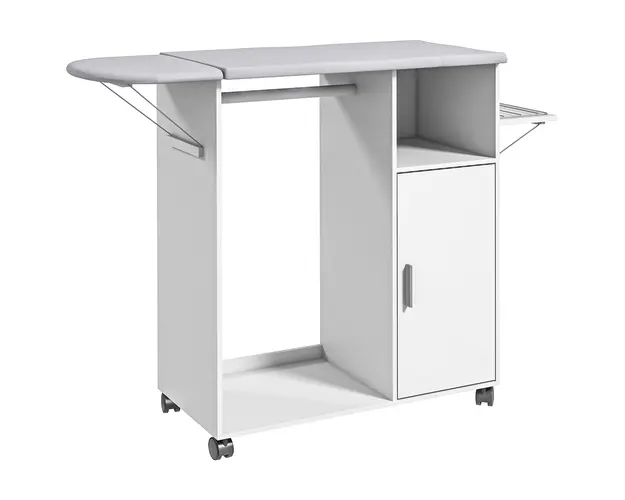 HOMCOM Dulap Multifunctional cu Masa de Calcat | Blat din Tesatura Efect In | 3 Rafturi | Ghidaj pentru Agatat | 127x42.5x99 cm | Alb | Aosom Romania