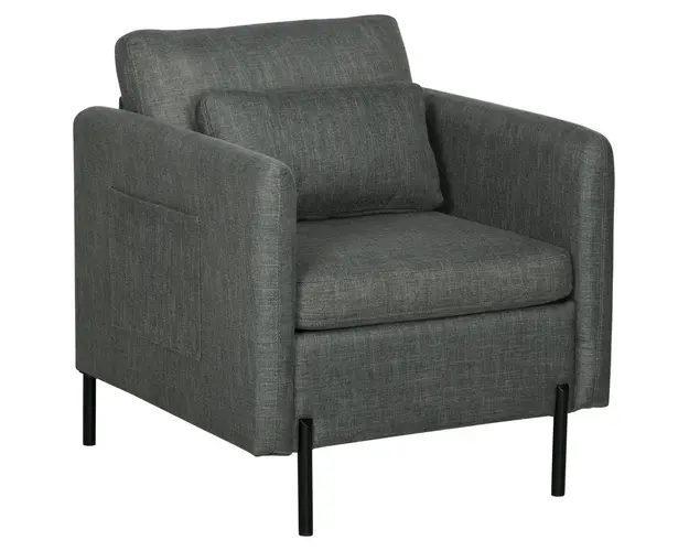 Scaun Decorativ HOMCOM din Stofa, Fotoliu Modern cu 4 Picioare din Otel, 2 Buzunare Laterale, Captuseala Groasa, Gri | Aosom RO