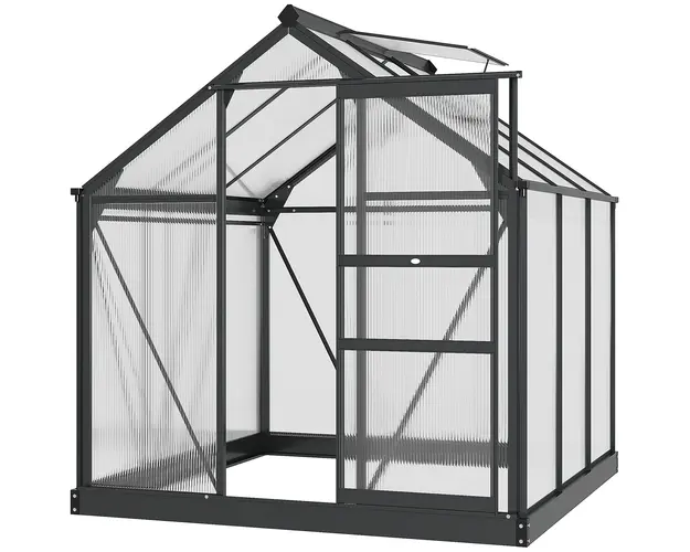 Outsunny Sera de Gradina, Sera din Policarbonat si Aluminiu cu Usa Culisanta, Ventilatie pe Acoperis si Jgheab, 190x192x201 cm, Gri