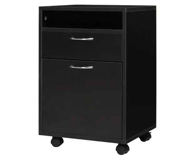 HOMCOM Dulap Mobil cu 4 Roti (2 cu Frana), Raft si 2 Sertare pentru Documente, PAL si Metal, 40x35x60 cm, Negru | Aosom Romania