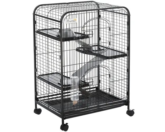 PawHut Cusca Animale Mici Rozatoare Roti 3 Rampe Platforme Bol Sticla 64x43.5x93cm Neagra | Aosom Romania