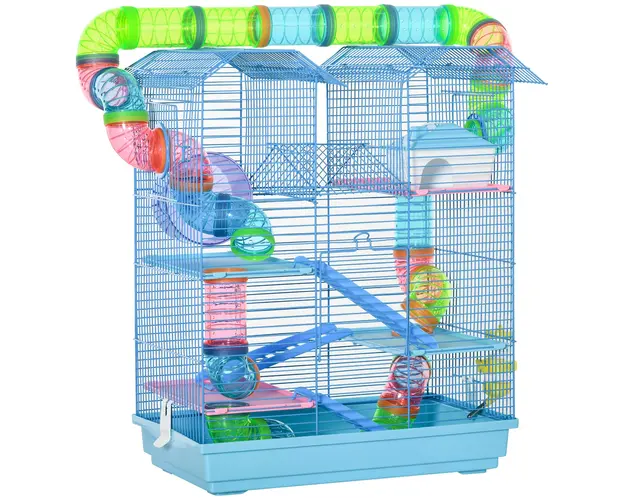 PawHut Cusca pentru Hamsteri cu 5 Etaje, Roti, Tub, Sticla de Apa, Farfurii, Scara, Casa, 47x30x59 cm, Albastru | Aosom Romania