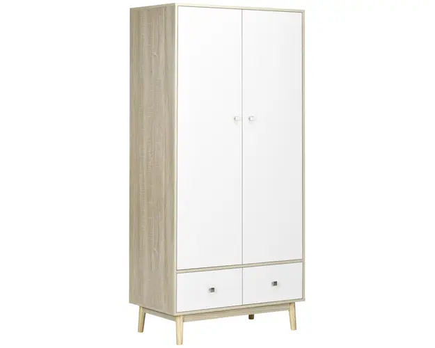 HOMCOM Dulap din lemn cu 2 usi cu 4 compartimente, 2 sertare si cuier, din lemn si alb, 90x50x190cm