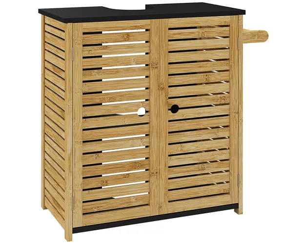 HOMCOM Dulap Sub Chiuveta cu 2 Usi, Suport pentru Prosoape si Decupaj in Forma de U, 60,5x30,5x69,5 cm, Lemn Natural | Aosom Romania