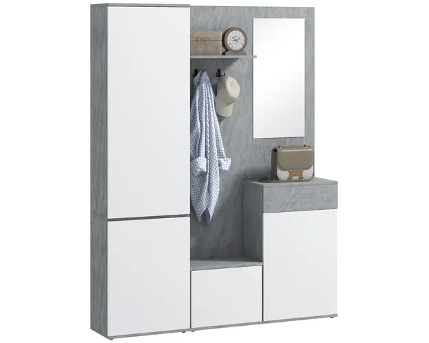 HOMCOM Mobilier 4 in 1 cu Oglinda, Cuiere si Rafturi Interioare Reglabile, Mobilier Multifunctional, 145x29x184 cm, Gri | Aosom Romania