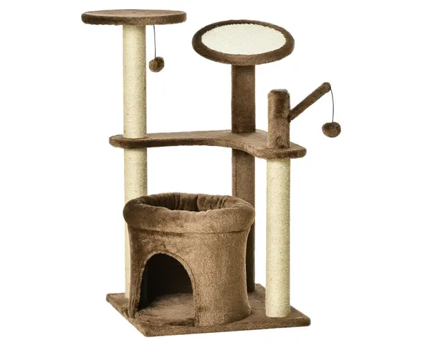 PawHut Arbore de Zgariat pentru Pisici cu Stalpi din Sisal, Casuta si Perna, Husa din Plus, 87 cm Inaltime, Cafea | Aosom Romania