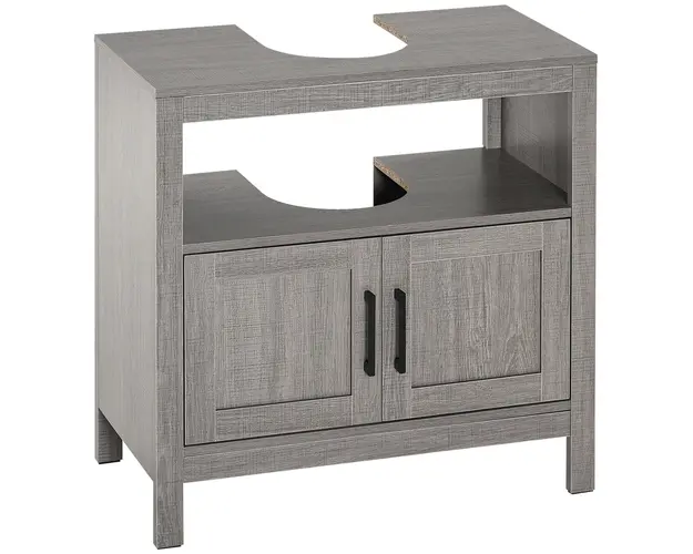 Kleankin Dulap Sub Chiuveta Baie, 2 Usi, Raft Deschis, Design Anti-Rasturnare, 60x30x60cm, Gri | Aosom Romania