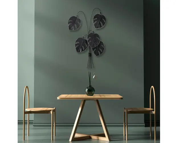 Decoratiune de perete, Monstera, Metal, Dimensiune: 60 x 100 x 12 cm, Negru