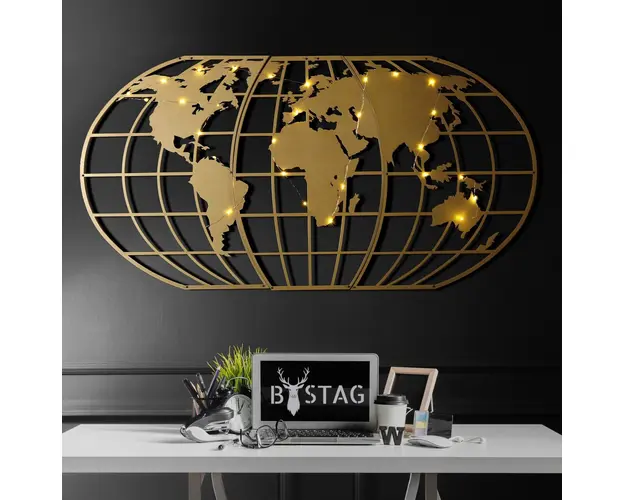 Decoratiune de perete, World Map Globe Led, Metal, Dimensiune: 60 x 120 cm, Auriu