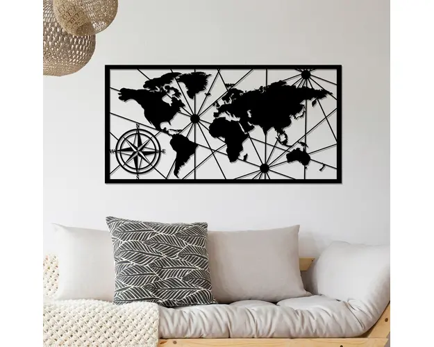 Decoratiune de perete, World Map Large 2, Metal, Dimensiune: 120 x 60 cm, Negru
