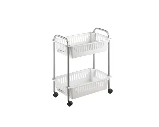 Carucior cu 2 rafturi Oslo 2, Metaltex, 41x26x52 cm, plastic/metal/invelis din crometherm, alb/argintiu