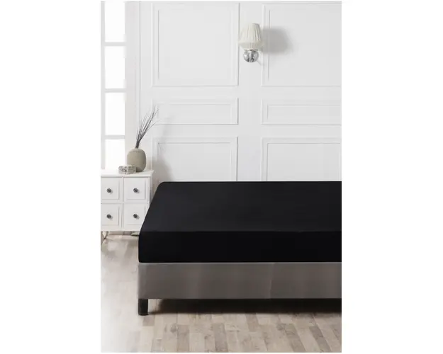 Cearceaf de pat cu elastic, 140x190 cm, 100% bumbac ranforce, Patik, Black, negru