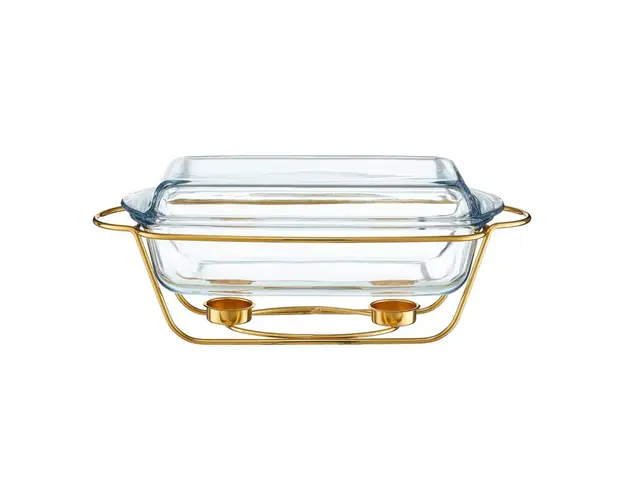 Chafing dish / Vas termorezistent cu incalzitor Saule, Ambition, 3.9 L, sticla, suport auriu