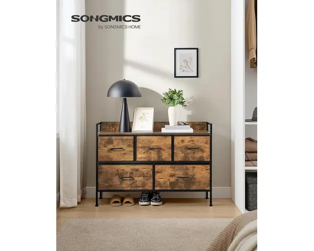 Comoda cu 5 sertare textile, Vasagle, 98.2x29x70 cm, otel/MDF/poliester, maro rustic