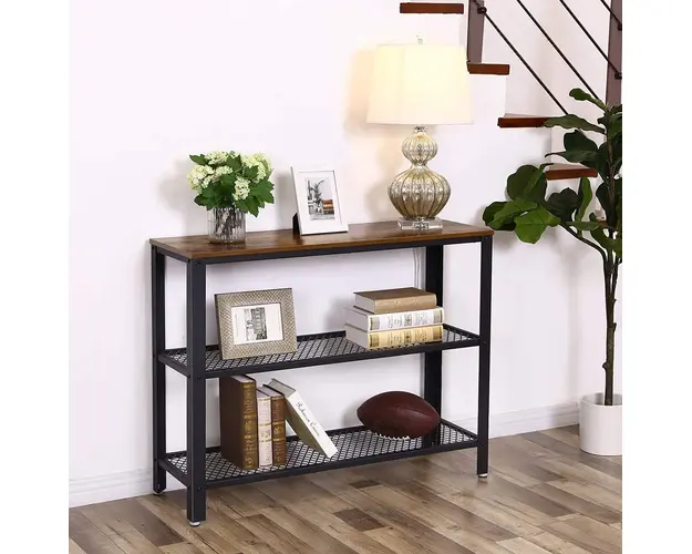 Consola cu 2 rafturi, Vasagle, 101.5 x 35 x 80 cm, fier/PAL, maro rustic