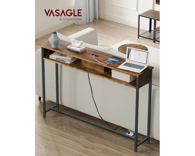 Consola cu cu priza si USB Slim, Vasagle, 120x25x81 cm, PAL/otel, maro