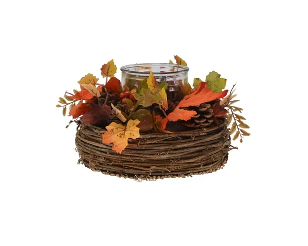 Coronita de masa cu suport lumanare v1, Excellent Houseware, 21x21x13 cm, ratan/sticla, multicolor