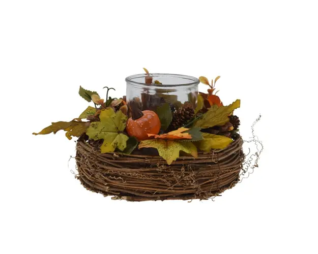 Coronita de masa cu suport lumanare v2, Excellent Houseware, 21x21x13 cm, ratan/sticla, multicolor