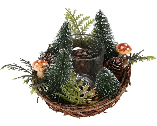 Coronita de masa cu suport lumanare Xmas Ambiance v2, 15x15x15 cm, salcie/ratan, verde