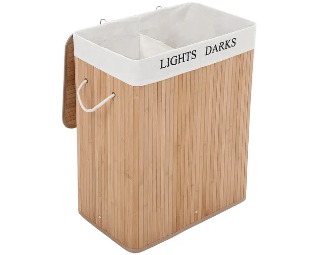 Cos de rufe cu 2 compartimente Bamboo, Vasagle, 52 x 32 x 63 cm, 100 L, bambus/bumbac