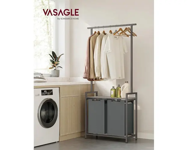 Cos de rufe cu 2 compartimente, raft suspendat si bara umerase, Vasagle, 2 x 46 L, 73x33x177 cm, PAL/otel, gri