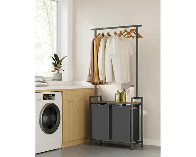 Cos de rufe cu 2 compartimente, raft suspendat si bara umerase, Vasagle, 2 x 46 L, 73x33x177 cm, PAL/otel, maro/negru