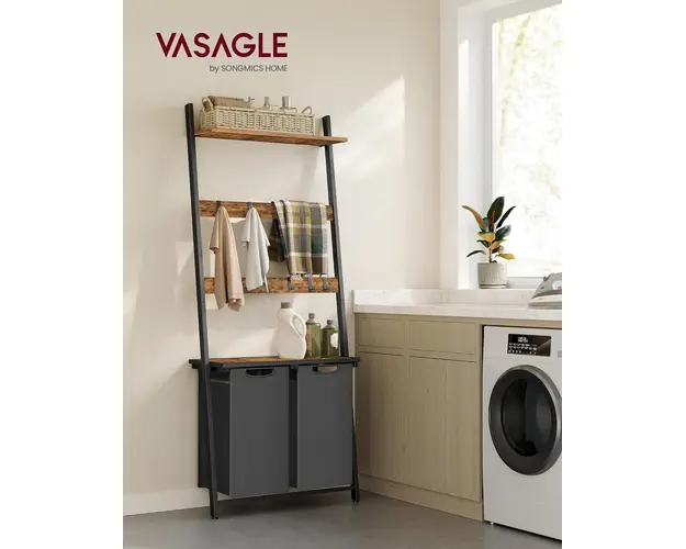 Cos de rufe cu 2 compartimente, rafturi si agatatori Vasagle, 73x33x177 cm, 2 x 46L, PAL/otel/tesatura Oxford, maro/negru