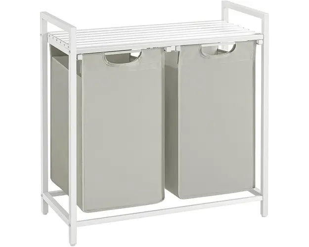 Cos de rufe cu 2 compartimente si 1 raft Vasagle, 73 x 33 x 72 cm, 2 x 46 L, otel/tesatura Oxford, alb