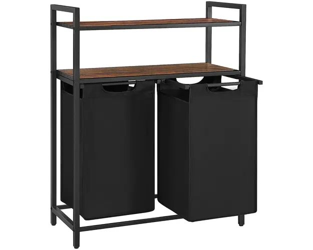 Cos de rufe cu 2 compartimente si 2 rafturi, Vasagle, 73 x 33 x 92 cm, 2 x 46 L, otel/tesatura Oxford, negru