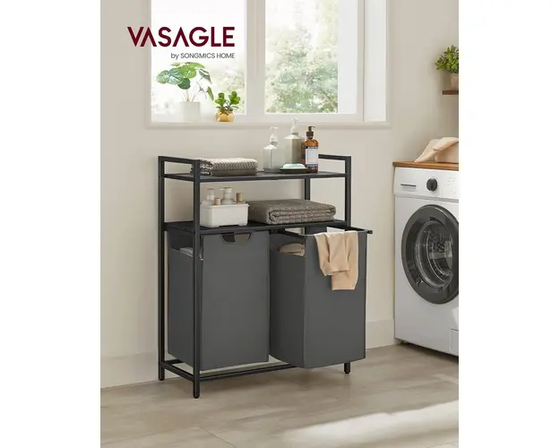 Cos de rufe cu 2 compartimente si 2 rafturi, Vasagle, 73x33x92 cm, 2 x 46 L, max 30 kg, negru/gri