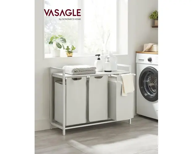 Cos de rufe cu 3 compartimente si raft depozitare, Vasagle, 92.5x33x72 cm, 3 x 38 L, MDF/tesatura Oxford, alb