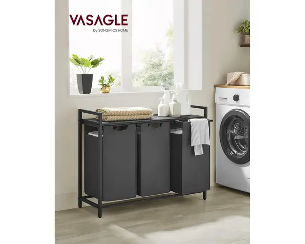 Cos de rufe cu 3 compartimente si raft depozitare, Vasagle, 92.5x33x72 cm, 3 x 38 L, MDF/tesatura Oxford, negru/gri
