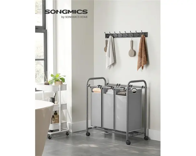 Cos de rufe cu 3 compartimente si roti, Vasagle, 3 x 44 L, 77.6x41.5x83.4 cm, fier/tesatura oxford, gri