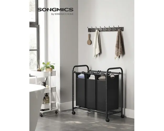 Cos de rufe cu 3 compartimente si roti, Vasagle, 3 x 44 L, 77.6x41.5x83.4 cm, fier/tesatura oxford, negru
