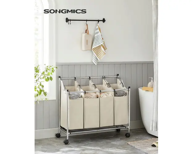 Cos de rufe cu 4 compartimente si roti, Vasagle, 4 x 35 L, 87.5 x 38.5 x 81 cm, fier/tesatura oxford, bej