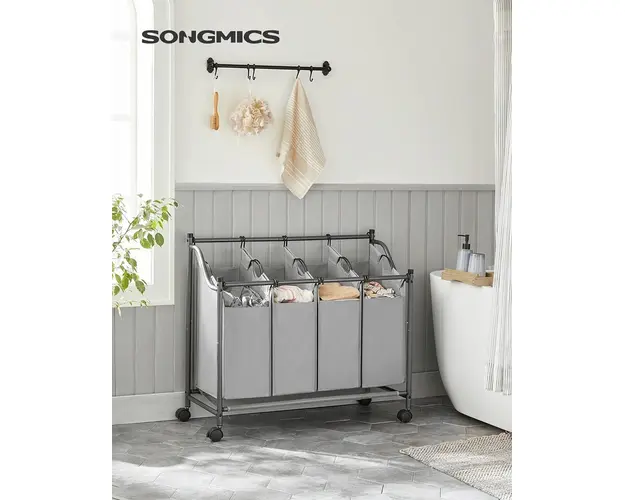 Cos de rufe cu 4 compartimente si roti, Vasagle, 4 x 35 L, 87.5 x 38.5 x 81 cm, fier/tesatura oxford, gri