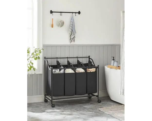 Cos de rufe cu 4 compartimente si roti, Vasagle, 4 x 35 L, 87.5 x 38.5 x 81 cm, fier/tesatura oxford, negru