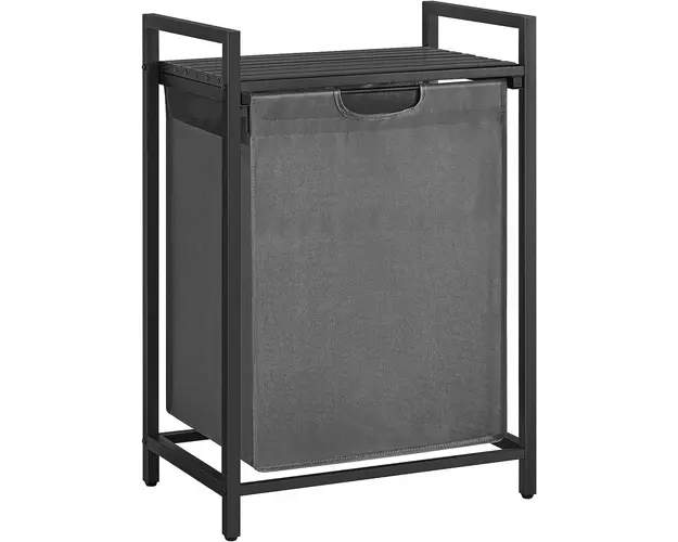 Cos de rufe cu raft si sac detasabil, Vasagle, 50 x 33 x 76 cm, 65 L, MDF/tesatura Oxford, gri/negru