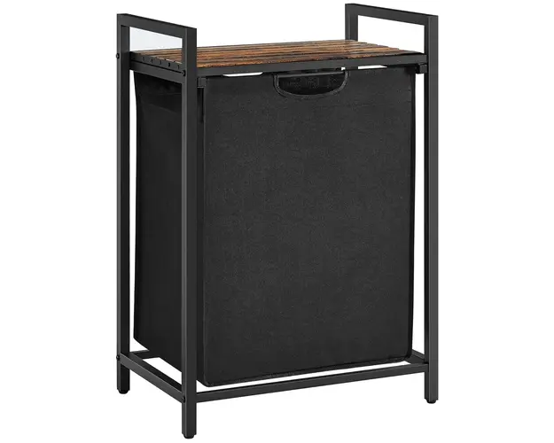 Cos de rufe cu raft si sac detasabil, Vasagle, 50 x 33 x 76 cm, 65 L, MDF/tesatura Oxford, maro rustic/negru