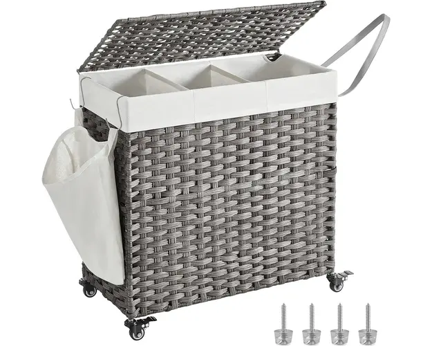 Cos de rufe tesut manual cu 3 compartimente, buzunar lateral si roti, Vasagle, 140 L, 66x36x60 cm, poliratan/metal/bumbac, gri
