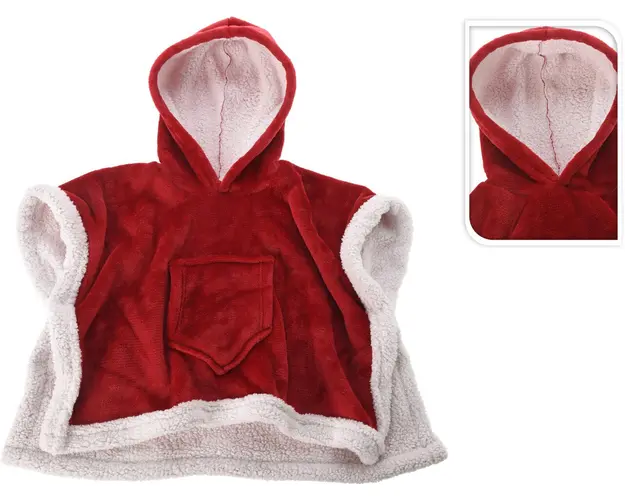 Costum poncho pentru copii Craciun, Excellent Houseware, +3 ani, 70x100 cm, poliester pufos, alb/rosu