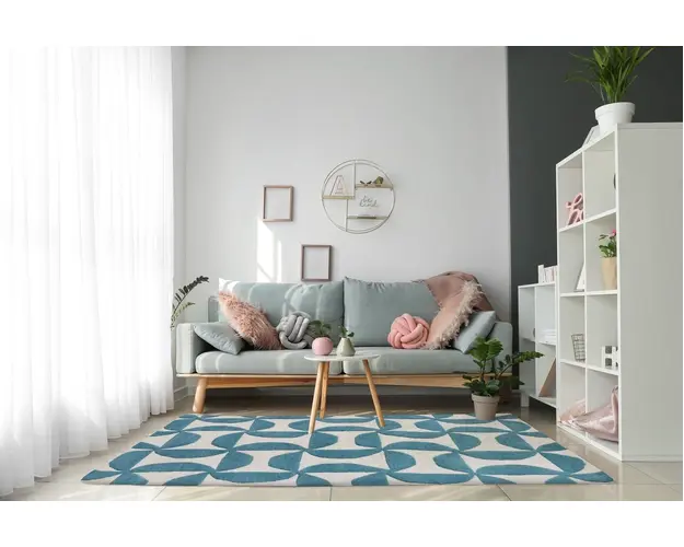 Covor Grace Bedora, 160x230 cm, 100% lana, turcoaz, finisat manual