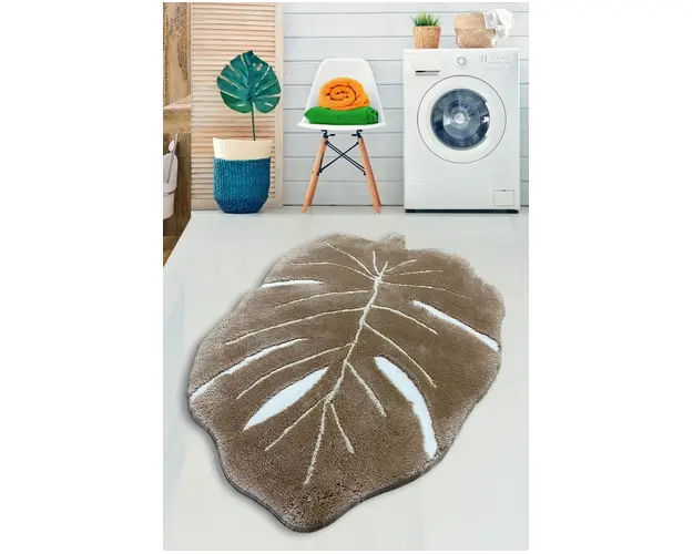 Covoras de baie, Chilai, Frunze, 75x115 cm, Acril, Bej/Alb