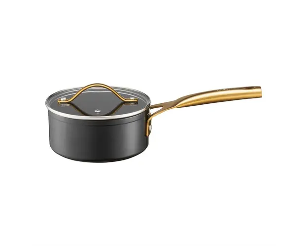 Cratita cu maner si capac Royal Gold, Ambition, 16 cm, 1.4 L, aluminiu forjat, strat antiaderent Qualum Basic, gri/auriu