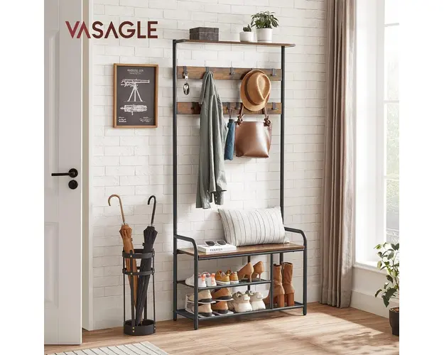 Cuier cu bancheta si pantofar Industrial, Vasagle, 85x30x180.5 cm, PAL/otel, maro rustic