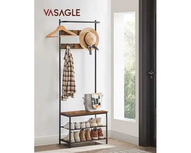 Cuier cu bancheta si pantofar Vasagle, 64x32.2x180 cm, PAL/otel/poliester, maro rustic