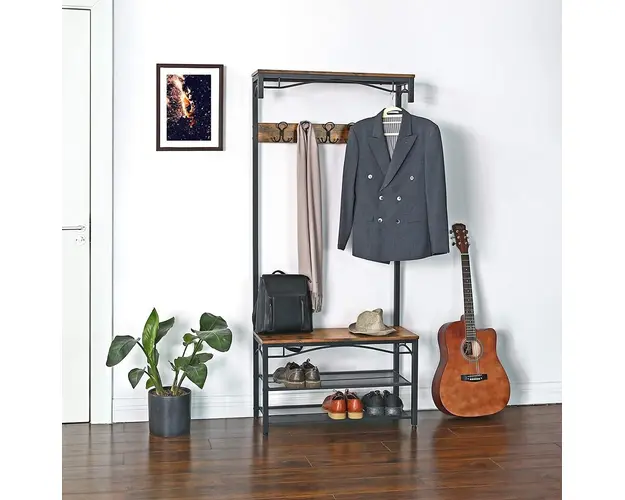 Cuier cu bancheta si pantofar, Vasagle, 80 x 32 x 178.5 cm, fier/PAL, maro rustic