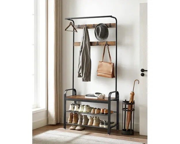 Cuier cu bancheta si pantofar Vasagle, 84 x 33.7 x 183 cm, PAL/fier, maro rustic