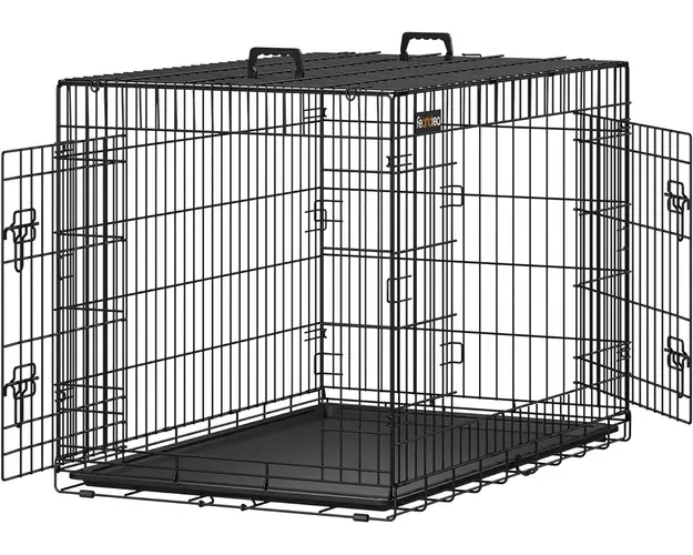 Cusca pentru caini cu 2 usi, Feandrea, pliabila, marimea XL, max 32-42 kg, 107x70x77.5 cm, fier, negru