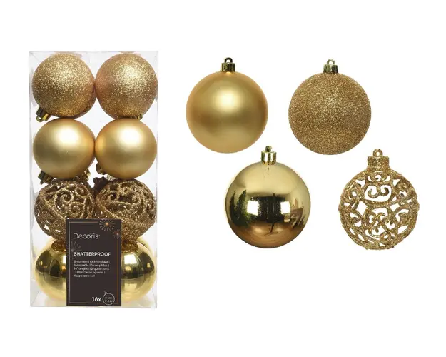 Cutie cu 16 globuri asortate Gold Mix, Decoris, plastic, auriu